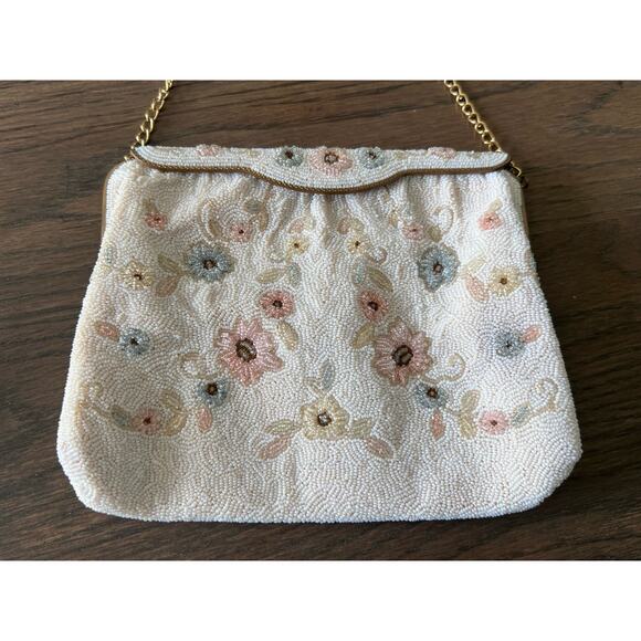 Vintage Freddy Paris Ivory Beaded 50s Designer Handbag Purse Romantic Floral - Picture 5 of 11